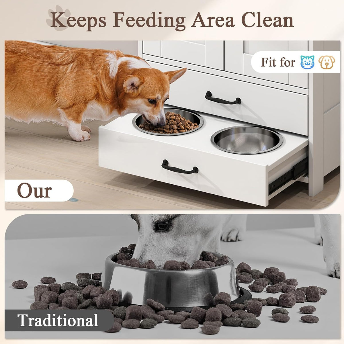 Dog Food Storage Cabinet with 2 Raised Dog Bowls and Storage