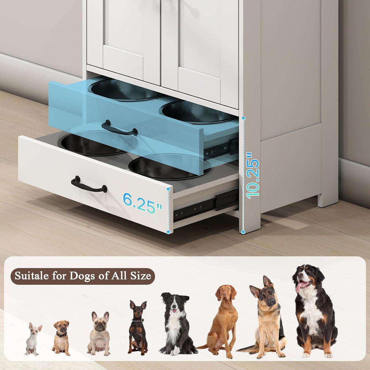 Dog Food Storage Cabinet with 2 Raised Dog Bowls and Storage
