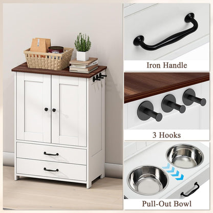 Dog Food Storage Cabinet with 2 Raised Dog Bowls and Storage