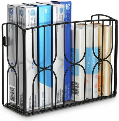 Kitchen Wrap Organizer Rack Wall Mount, Cabinet Door Storage Basket, Sturdy Metal Aluminum Foil Holder for Sandwich Bag, Wax Paper, Plastic Wrap, Food Bag, Cutting Boards, Black
