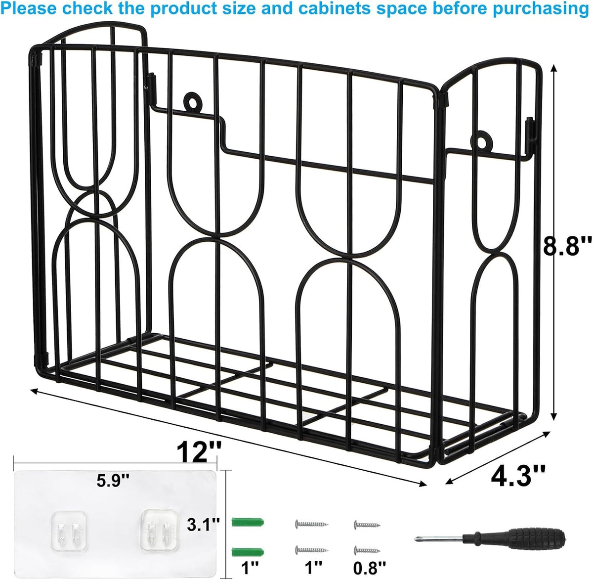 Kitchen Wrap Organizer Rack Wall Mount, Cabinet Door Storage Basket, Sturdy Metal Aluminum Foil Holder for Sandwich Bag, Wax Paper, Plastic Wrap, Food Bag, Cutting Boards, Black
