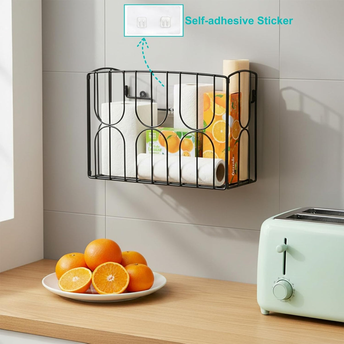 Kitchen Wrap Organizer Rack Wall Mount, Cabinet Door Storage Basket, Sturdy Metal Aluminum Foil Holder for Sandwich Bag, Wax Paper, Plastic Wrap, Food Bag, Cutting Boards, Black