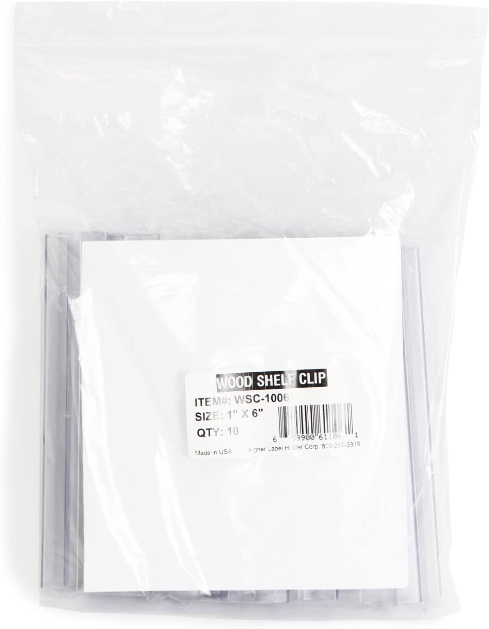 Shelf Clip Label Holder | 0.875" x 6" Clear Plastic, for .75" Thick Shelves, 10 Holders/Pack