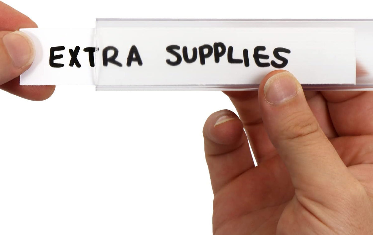 Shelf Clip Label Holder | 0.875" x 6" Clear Plastic, for .75" Thick Shelves, 10 Holders/Pack