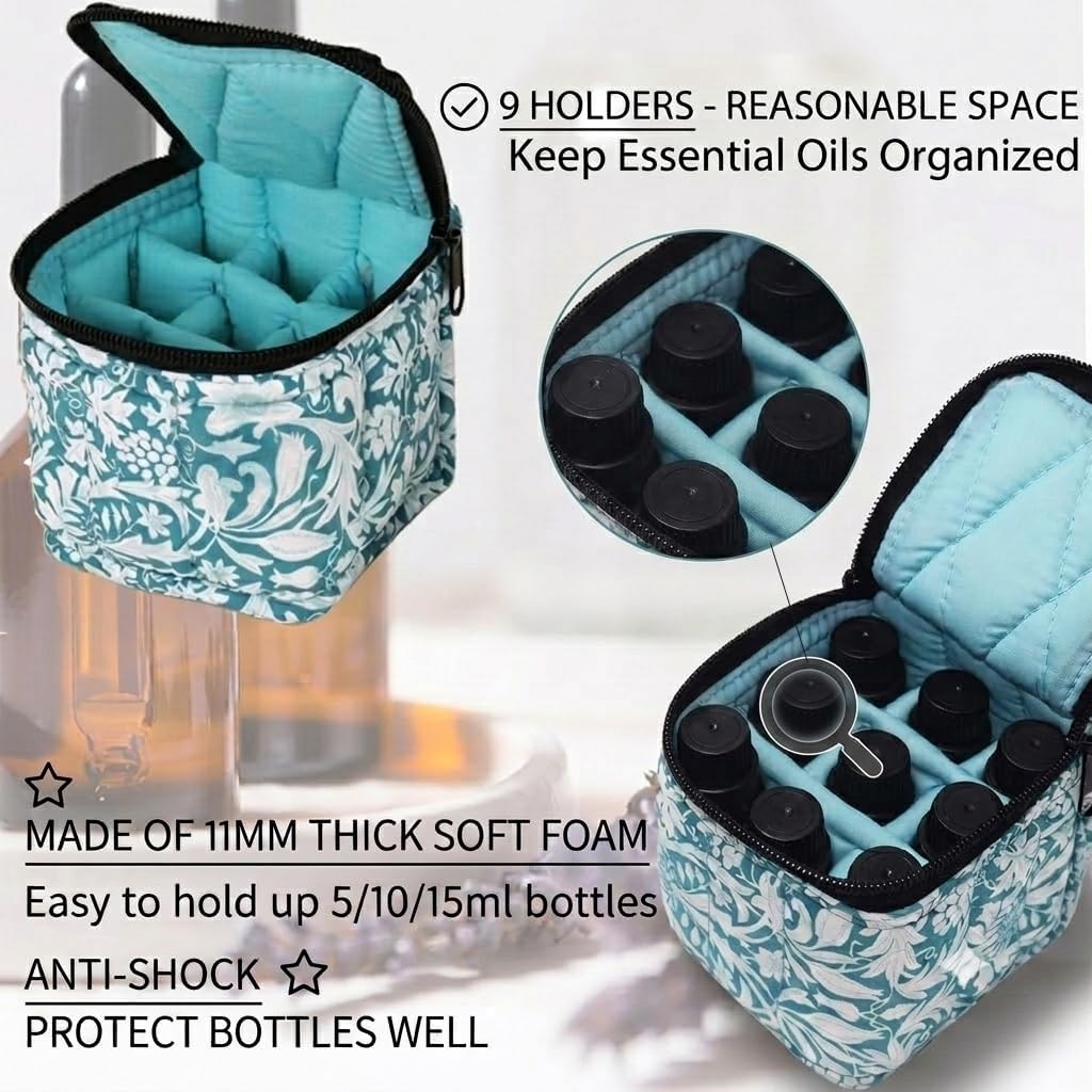 9 Bottles Essential Oil Carrying Case with Thick Foam Protection, Portable and Shockproof Organizer for 5ml to 10ml,15ml Bottles, Nail Polish, Roller Balls and Travel (Aqua Green)