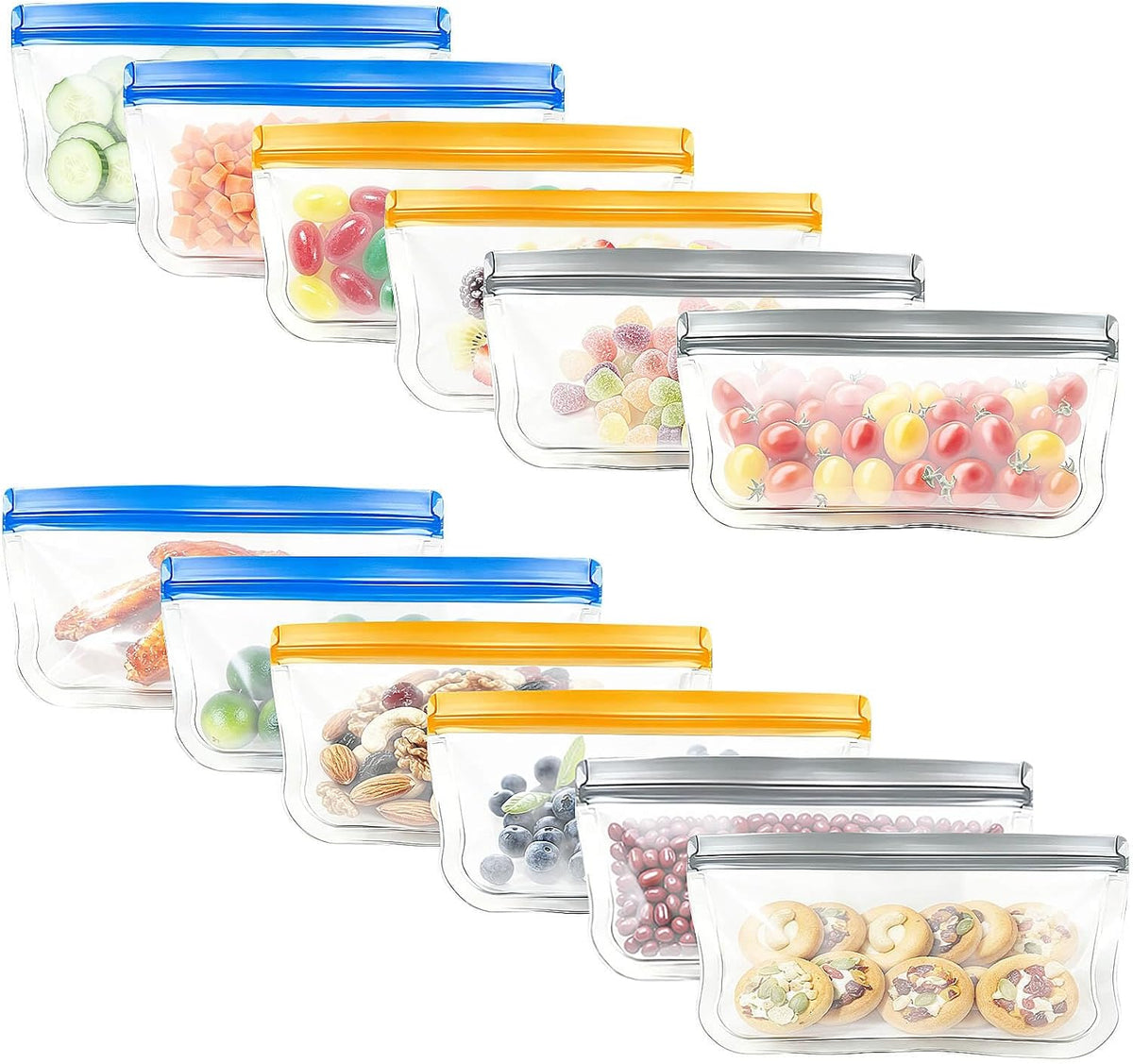 Reusable Silicone Freezer Bags, 12 Pack Leakproof Food Storage Bags Dishwasher Safe, Silicone Snack Bags Food Storage Containers for Meal Prep Containers, Salad Fruit, Vegetables, Home Organization