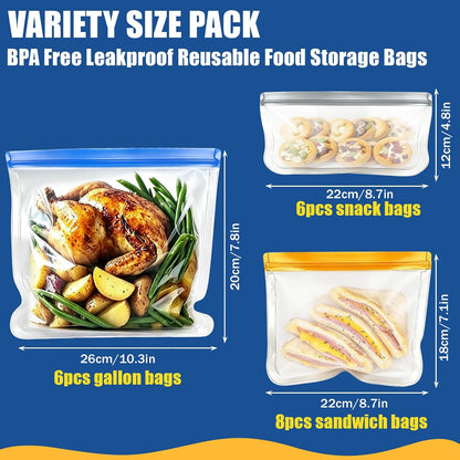 Reusable Silicone Freezer Bags, 12 Pack Leakproof Food Storage Bags Dishwasher Safe, Silicone Snack Bags Food Storage Containers for Meal Prep Containers, Salad Fruit, Vegetables, Home Organization