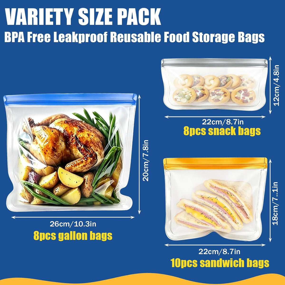 Reusable Silicone Freezer Bags, 12 Pack Leakproof Food Storage Bags Dishwasher Safe, Silicone Snack Bags Food Storage Containers for Meal Prep Containers, Salad Fruit, Vegetables, Home Organization
