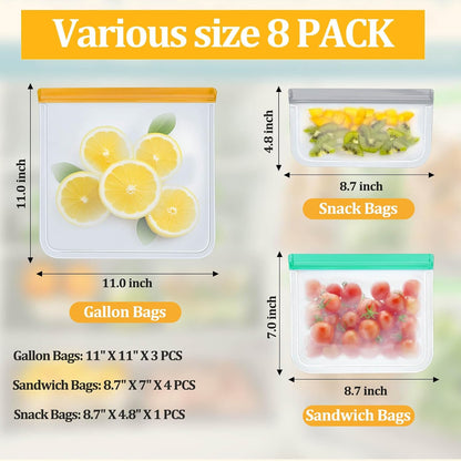 Reusable Silicone Freezer Bags, 12 Pack Leakproof Food Storage Bags Dishwasher Safe, Silicone Snack Bags Food Storage Containers for Meal Prep Containers, Salad Fruit, Vegetables, Home Organization
