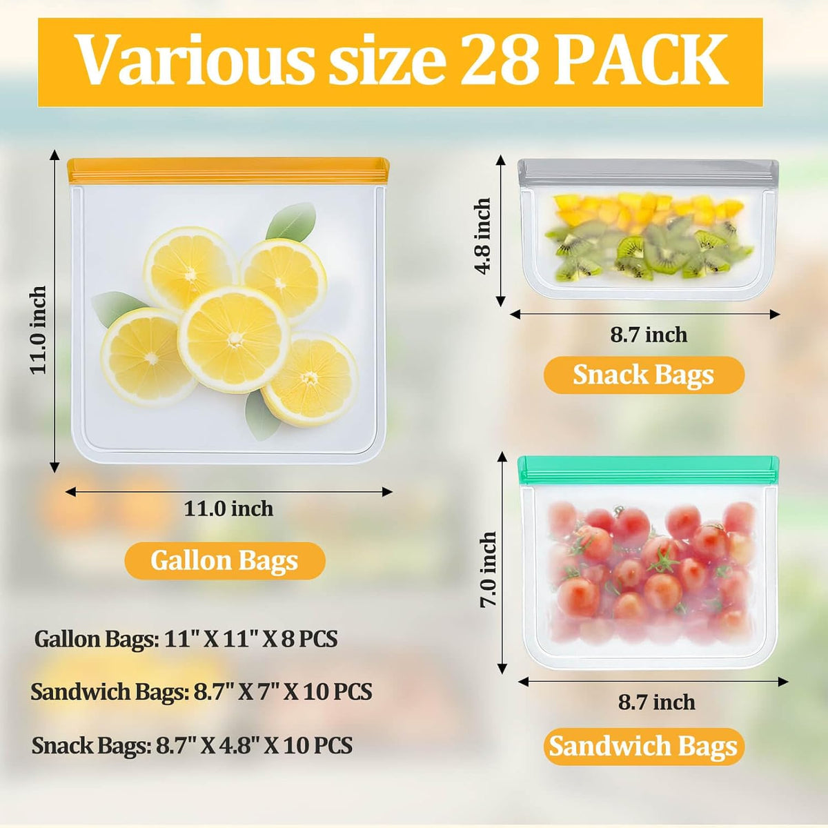 Reusable Silicone Freezer Bags, 12 Pack Leakproof Food Storage Bags Dishwasher Safe, Silicone Snack Bags Food Storage Containers for Meal Prep Containers, Salad Fruit, Vegetables, Home Organization