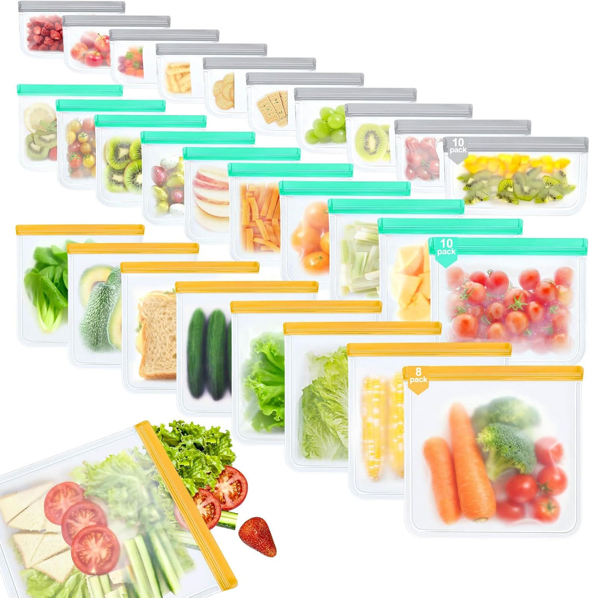 Reusable Silicone Freezer Bags, 12 Pack Leakproof Food Storage Bags Dishwasher Safe, Silicone Snack Bags Food Storage Containers for Meal Prep Containers, Salad Fruit, Vegetables, Home Organization