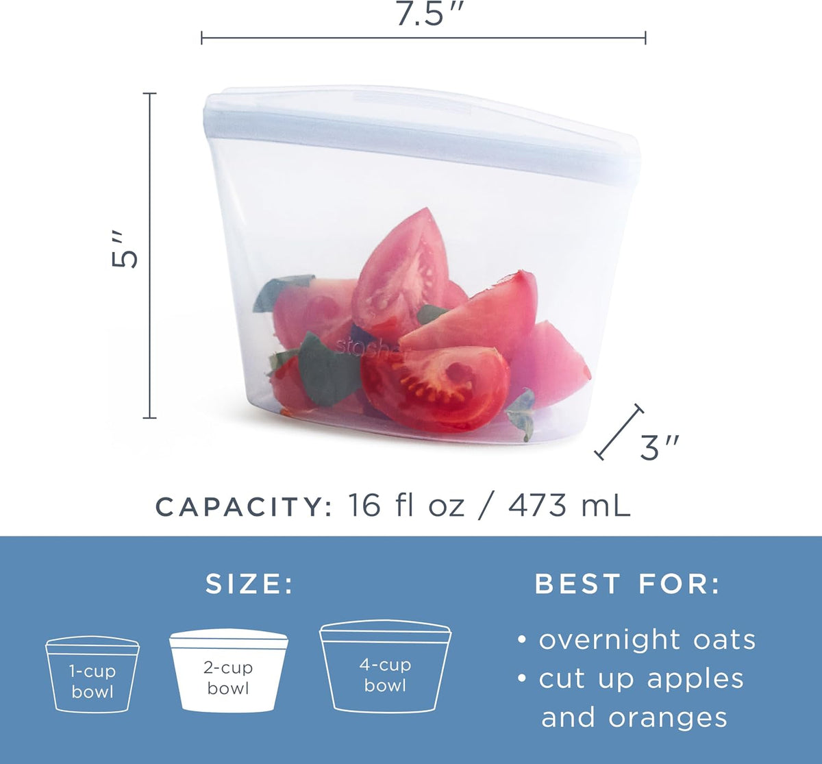 Reusable Silicone Food Storage Bag, Stand-Up Mid, Clear, 56 oz