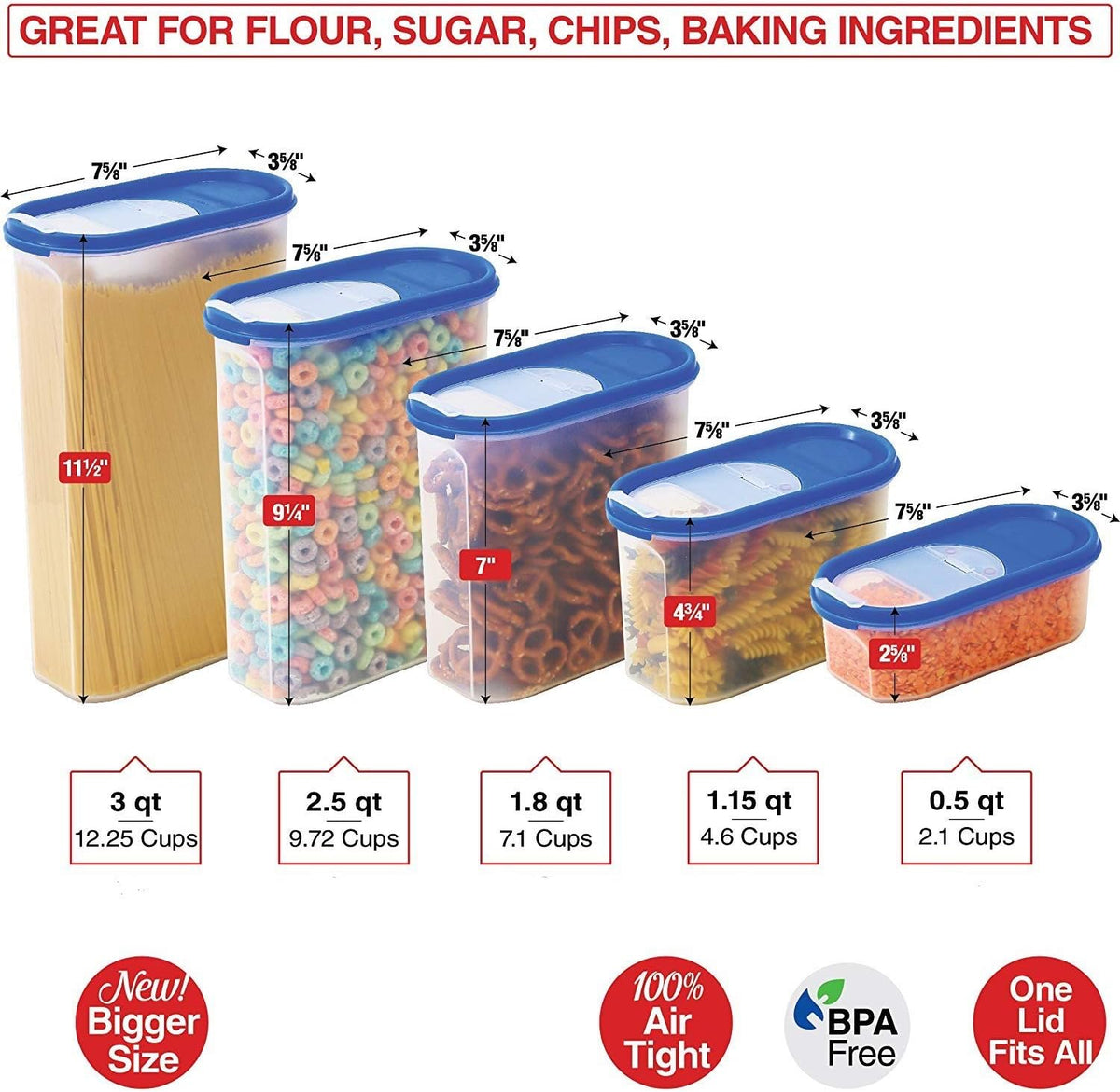 Food Storage Containers Set -STACKO- 10 PC. SET - Airtight Dry Food storage Container with LIDS - Durable Clear Frosted Plastic BPA Free - Space Saver Modular Design - 5 Container set