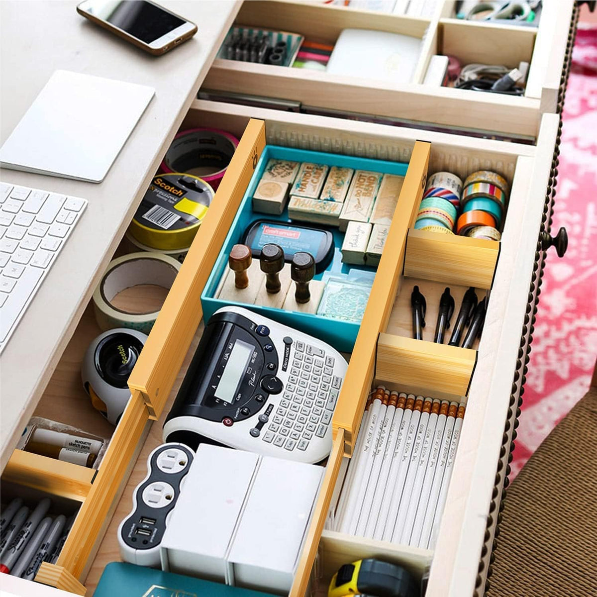Bamboo Drawer Dividers Organizers, Drawer Separators Splitter,17-22 inches Long Adjustable Spring-loaded Organizer for Large Utensil, Clothes, Tools Drawers(yellow)