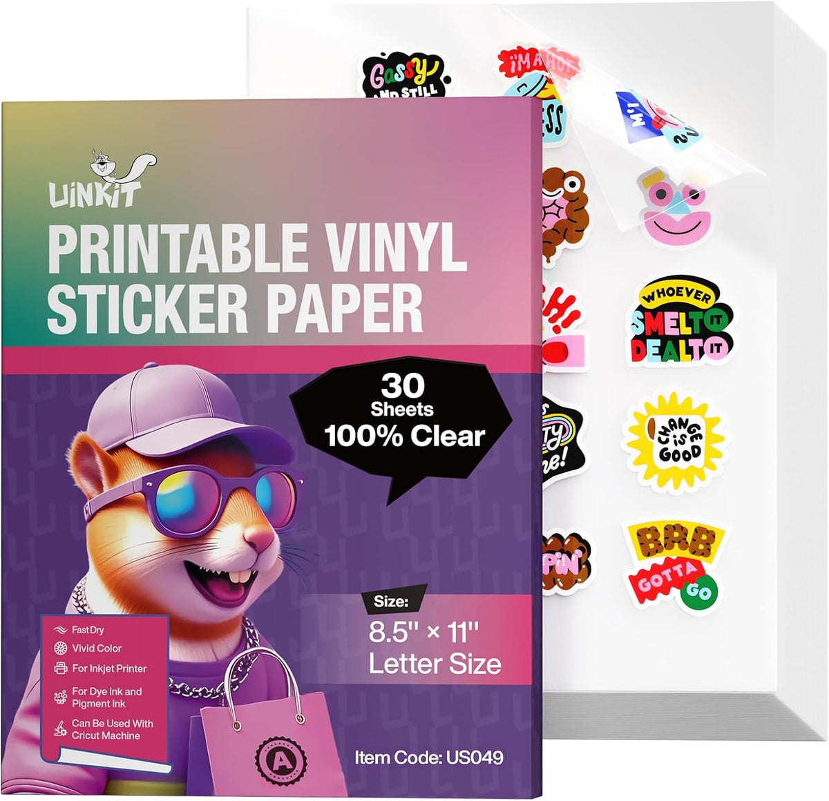 Uinkit Inkjet PET Label Paper A4 (8.5 x 11 Inch), Matte White/Clear/Bright White Finishes, 15-200 Sheet Packs (20, 100% Clear)