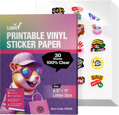 Uinkit Inkjet PET Label Paper A4 (8.5 x 11 Inch), Matte White/Clear/Bright White Finishes, 15-200 Sheet Packs (20, 100% Clear)