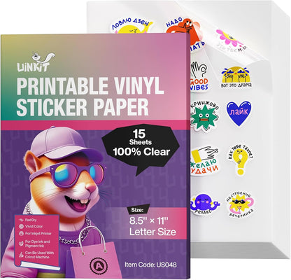 Uinkit Inkjet PET Label Paper A4 (8.5 x 11 Inch), Matte White/Clear/Bright White Finishes, 15-200 Sheet Packs (20, 100% Clear)