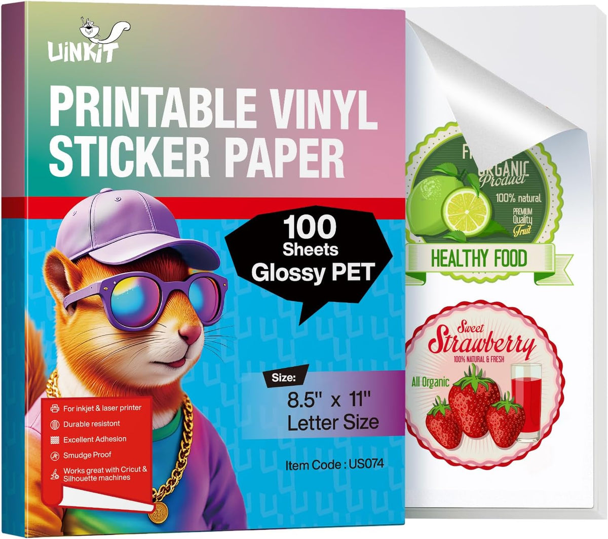 Uinkit Inkjet PET Label Paper A4 (8.5 x 11 Inch), Matte White/Clear/Bright White Finishes, 15-200 Sheet Packs (20, 100% Clear)