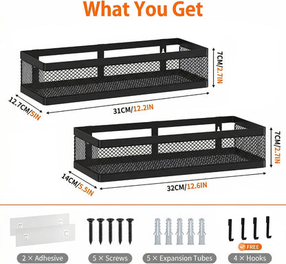 Mesh Shower Caddy Wall Mount, Heavy Duty Adhesive Bathroom Shelf Organizer, Rustproof Floating Spice Rack for Kitchen Pantry, Holds 50 LBS, Multi-Purpose Storage Black-2 Packs (Netting)