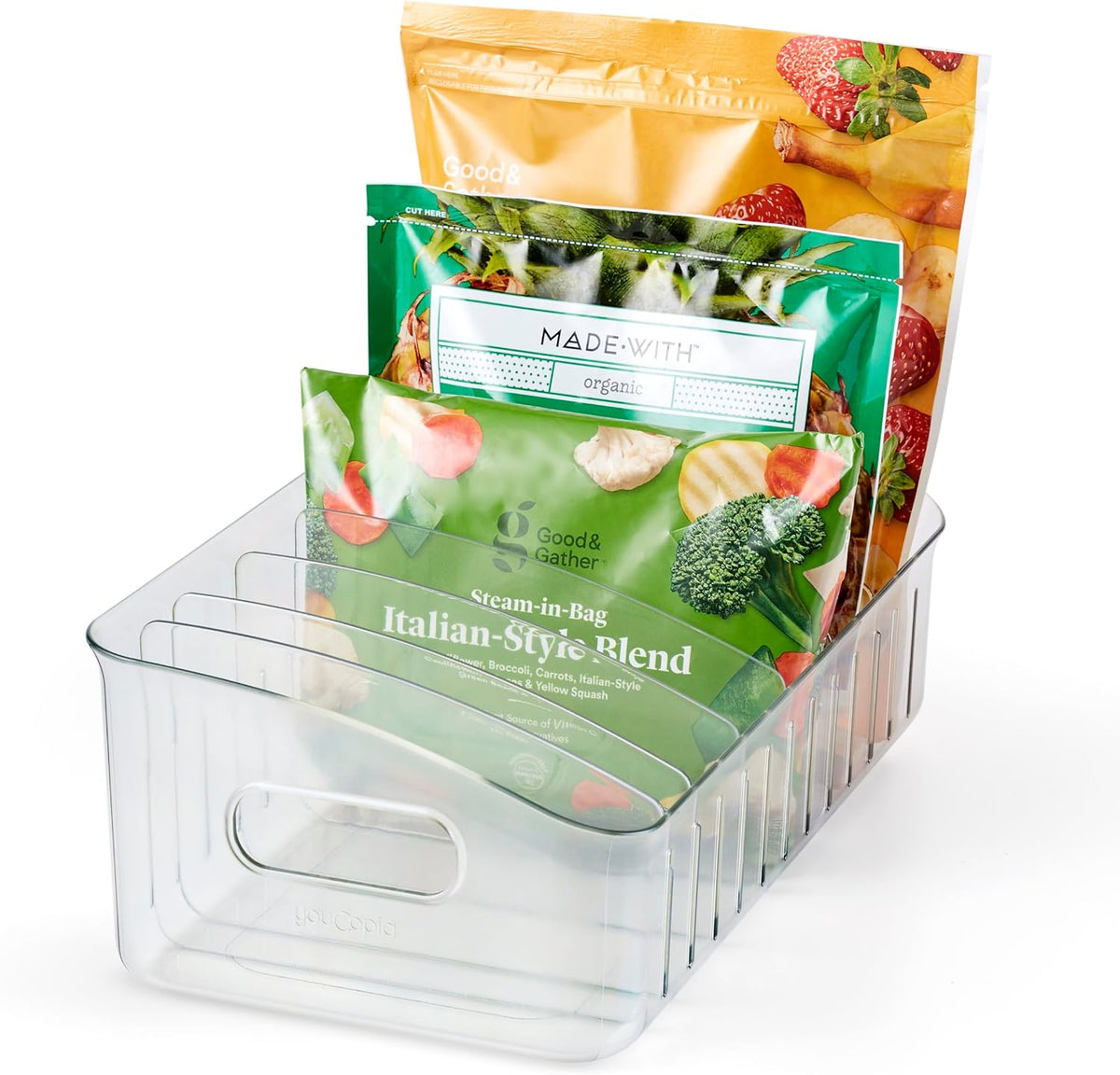 FreezeUp Freezer Bin 15", BPA-Free Clear Fridge Organizer with Adjustable Dividers and Handles for Frozen Food and Leftovers