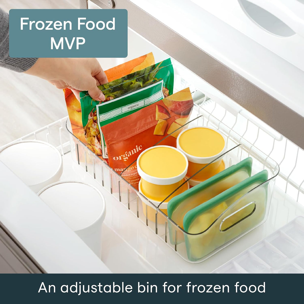 FreezeUp Freezer Bin 15", BPA-Free Clear Fridge Organizer with Adjustable Dividers and Handles for Frozen Food and Leftovers