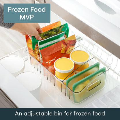 FreezeUp Freezer Bin 15", BPA-Free Clear Fridge Organizer with Adjustable Dividers and Handles for Frozen Food and Leftovers