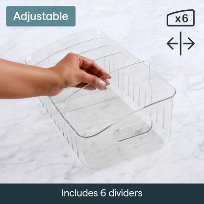 FreezeUp Freezer Bin 15", BPA-Free Clear Fridge Organizer with Adjustable Dividers and Handles for Frozen Food and Leftovers