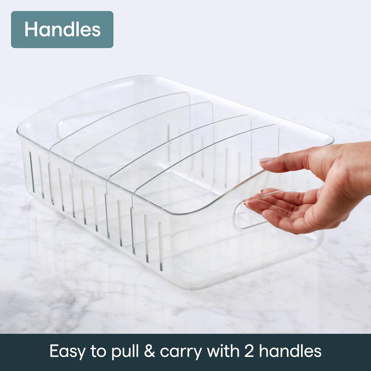 FreezeUp Freezer Bin 15", BPA-Free Clear Fridge Organizer with Adjustable Dividers and Handles for Frozen Food and Leftovers