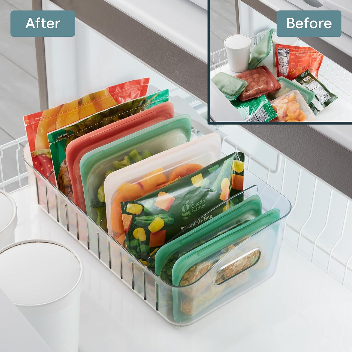 FreezeUp Freezer Bin 15", BPA-Free Clear Fridge Organizer with Adjustable Dividers and Handles for Frozen Food and Leftovers