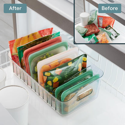 FreezeUp Freezer Bin 15", BPA-Free Clear Fridge Organizer with Adjustable Dividers and Handles for Frozen Food and Leftovers