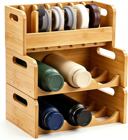 3 Pcs Bamboo Water Bottle Organizer and Tumbler Lid Organizer for Kitchen Cabinet Kitchen Storage Rack for Coffee Home Cup and Wine Hold 6 Bottles 7 Lids