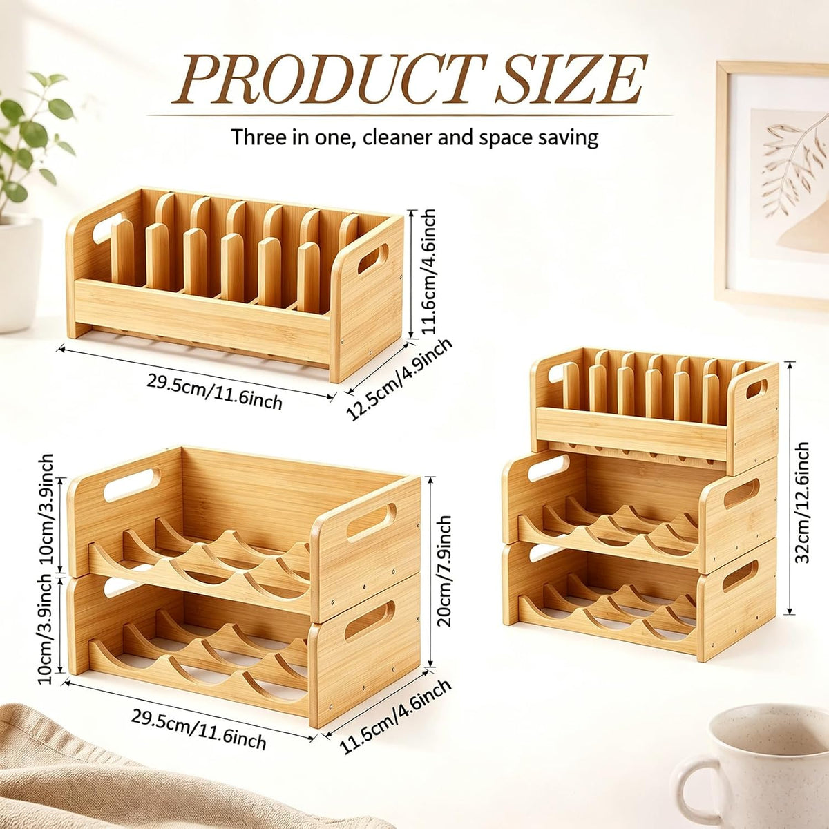 3 Pcs Bamboo Water Bottle Organizer and Tumbler Lid Organizer for Kitchen Cabinet Kitchen Storage Rack for Coffee Home Cup and Wine Hold 6 Bottles 7 Lids