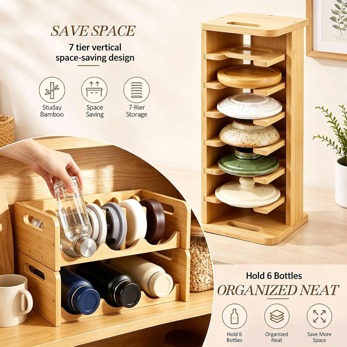 3 Pcs Bamboo Water Bottle Organizer and Tumbler Lid Organizer for Kitchen Cabinet Kitchen Storage Rack for Coffee Home Cup and Wine Hold 6 Bottles 7 Lids