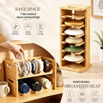 3 Pcs Bamboo Water Bottle Organizer and Tumbler Lid Organizer for Kitchen Cabinet Kitchen Storage Rack for Coffee Home Cup and Wine Hold 6 Bottles 7 Lids