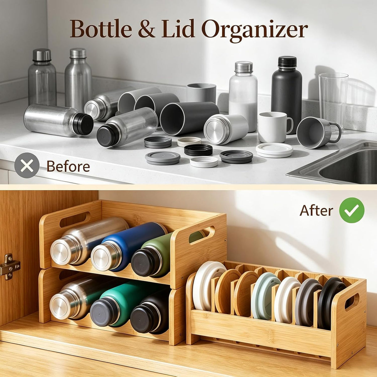 3 Pcs Bamboo Water Bottle Organizer and Tumbler Lid Organizer for Kitchen Cabinet Kitchen Storage Rack for Coffee Home Cup and Wine Hold 6 Bottles 7 Lids