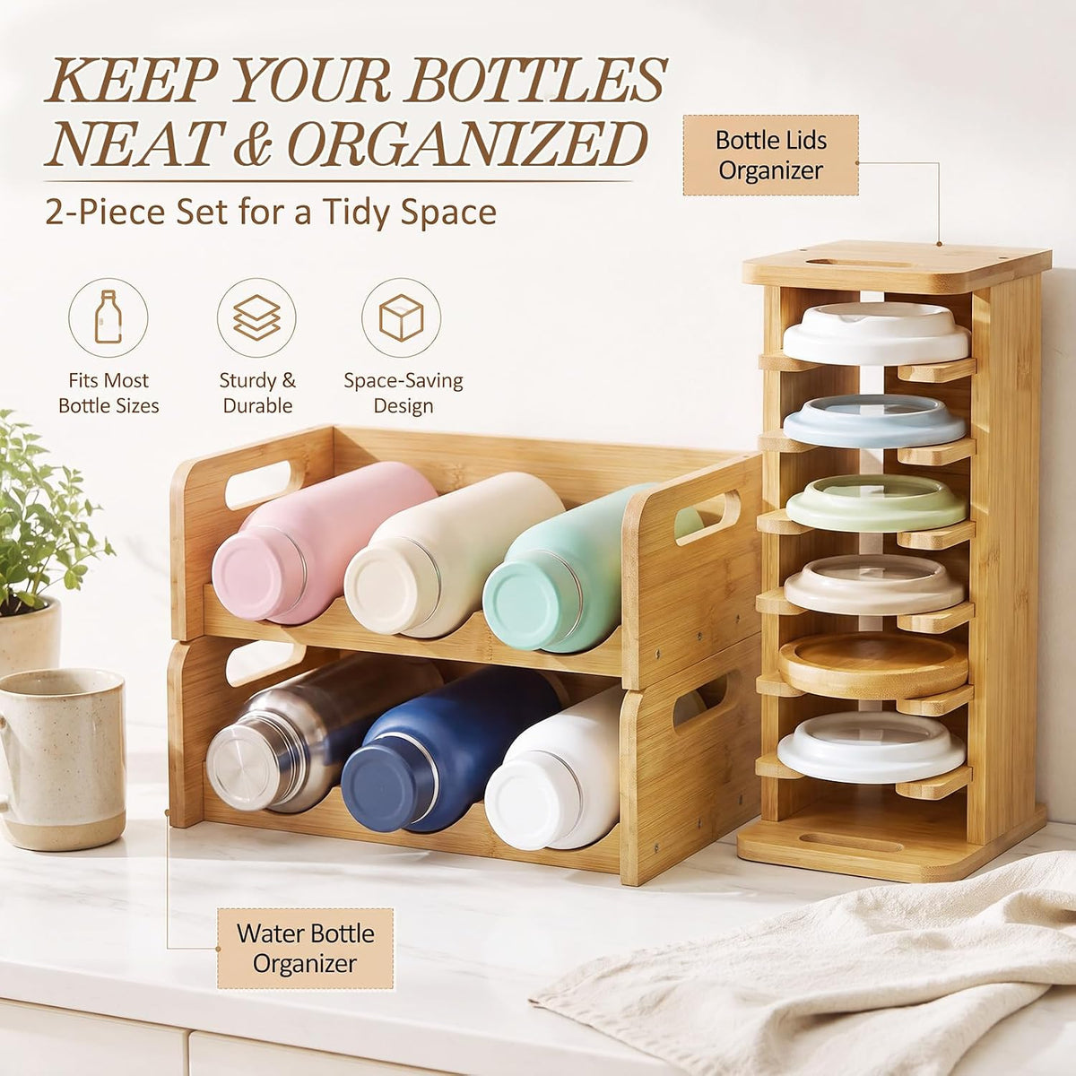3 Pcs Bamboo Water Bottle Organizer and Tumbler Lid Organizer for Kitchen Cabinet Kitchen Storage Rack for Coffee Home Cup and Wine Hold 6 Bottles 7 Lids