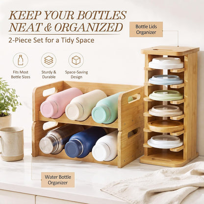 3 Pcs Bamboo Water Bottle Organizer and Tumbler Lid Organizer for Kitchen Cabinet Kitchen Storage Rack for Coffee Home Cup and Wine Hold 6 Bottles 7 Lids