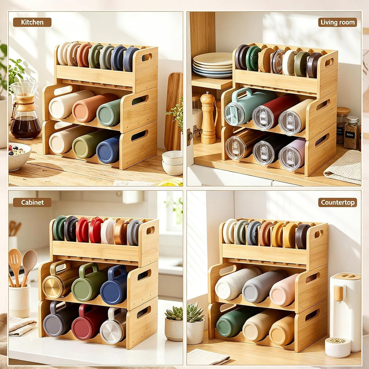 3 Pcs Bamboo Water Bottle Organizer and Tumbler Lid Organizer for Kitchen Cabinet Kitchen Storage Rack for Coffee Home Cup and Wine Hold 6 Bottles 7 Lids
