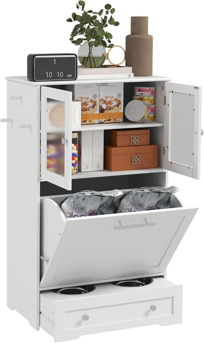 Dog Feeding Station, 2 Storage Cabinets, Elevated Dog Bowls, White