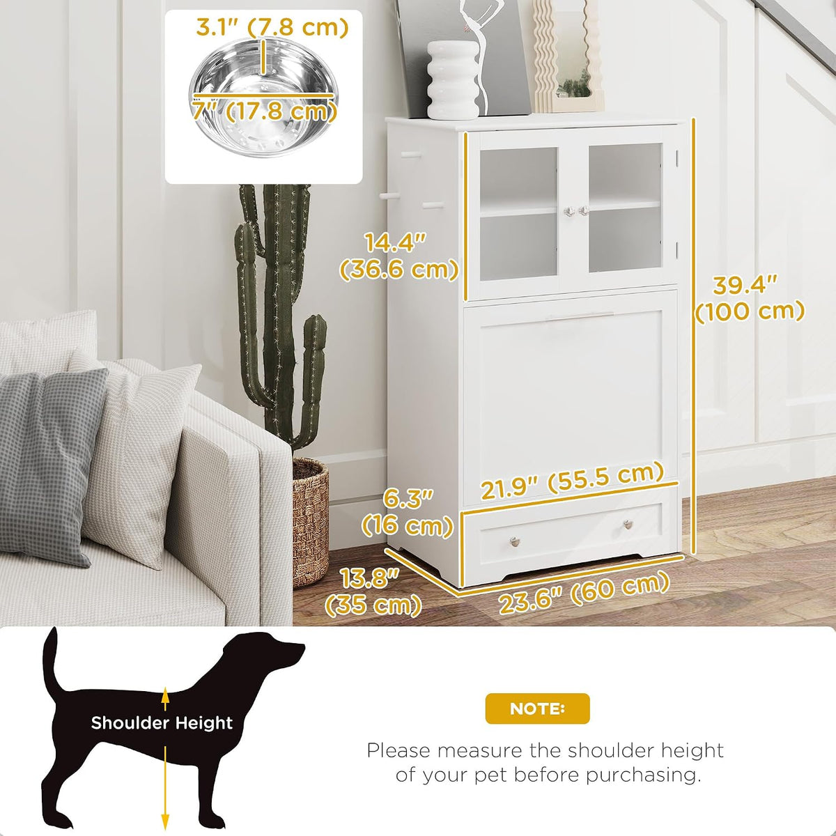 Dog Feeding Station, 2 Storage Cabinets, Elevated Dog Bowls, White