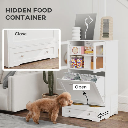 Dog Feeding Station, 2 Storage Cabinets, Elevated Dog Bowls, White