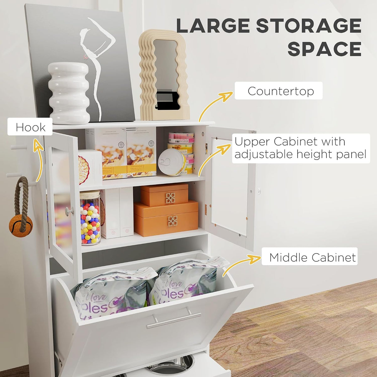 Dog Feeding Station, 2 Storage Cabinets, Elevated Dog Bowls, White