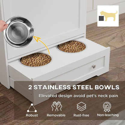 Dog Feeding Station, 2 Storage Cabinets, Elevated Dog Bowls, White