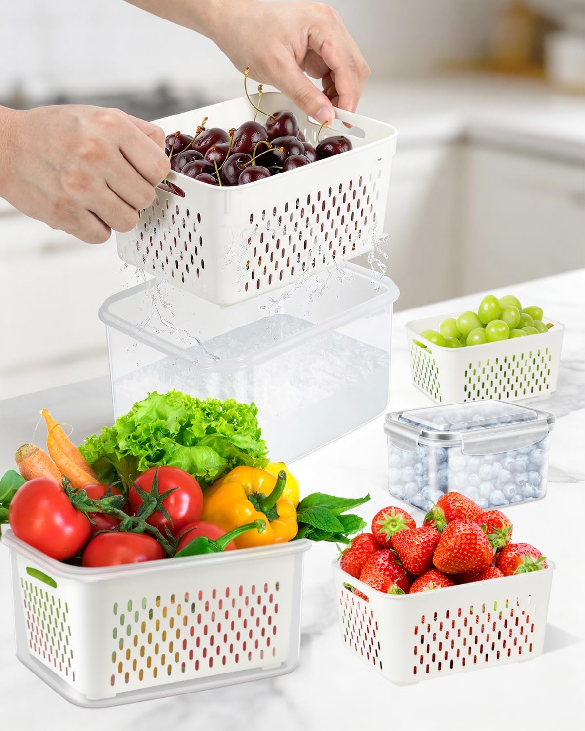 Fruit Storage Containers for Fridge, Produce Saver Vegetable Container with Drain Colanders - Refrigerator Organizer for Lettuce Berry Keepers