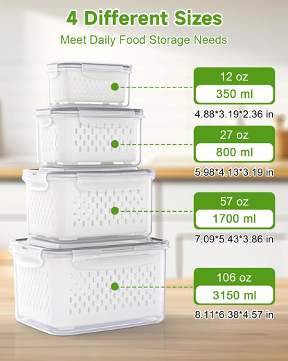 Fruit Storage Containers for Fridge, Produce Saver Vegetable Container with Drain Colanders - Refrigerator Organizer for Lettuce Berry Keepers