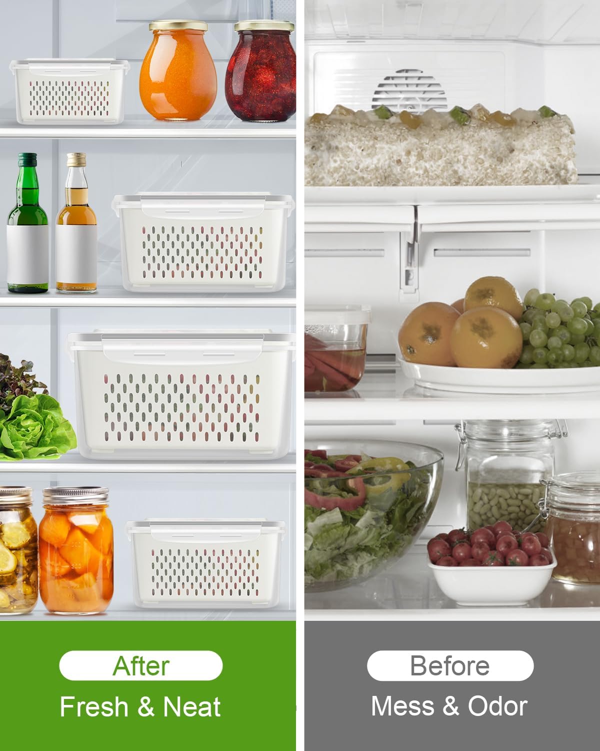 Fruit Storage Containers for Fridge, Produce Saver Vegetable Container with Drain Colanders - Refrigerator Organizer for Lettuce Berry Keepers