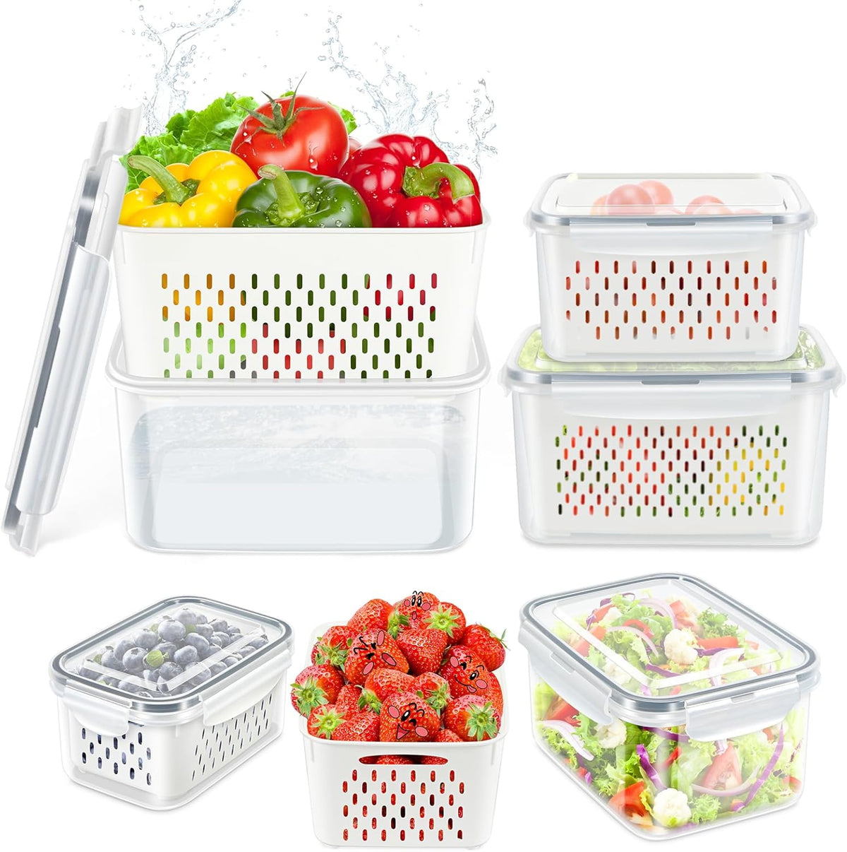 Fruit Storage Containers for Fridge, Produce Saver Vegetable Container with Drain Colanders - Refrigerator Organizer for Lettuce Berry Keepers