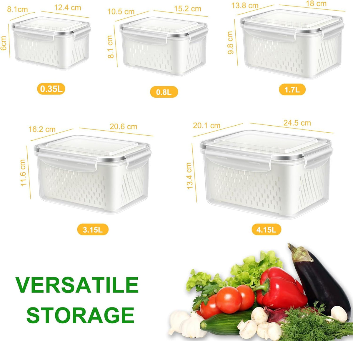 Fruit Storage Containers for Fridge, Produce Saver Vegetable Container with Drain Colanders - Refrigerator Organizer for Lettuce Berry Keepers