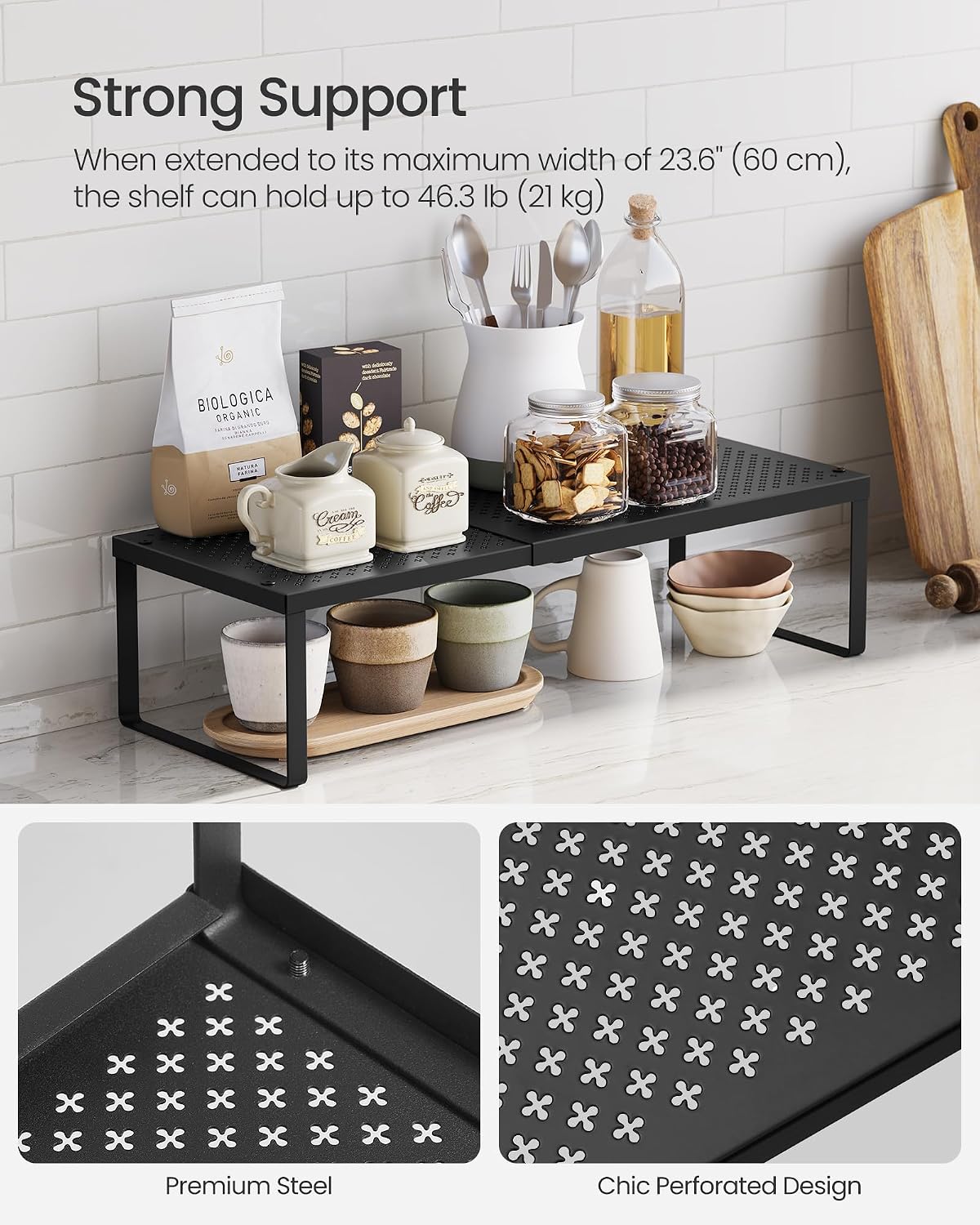 Spice Racks Expandable Kitchen Countertop Shelves, Metal | Set of 2 small cupboard organizers, space-saving tabletop shelves, Matte White, UKCS402W01