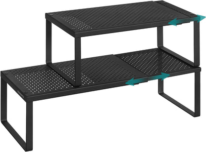 Spice Racks Expandable Kitchen Countertop Shelves, Metal | Set of 2 small cupboard organizers, space-saving tabletop shelves, Matte White, UKCS402W01